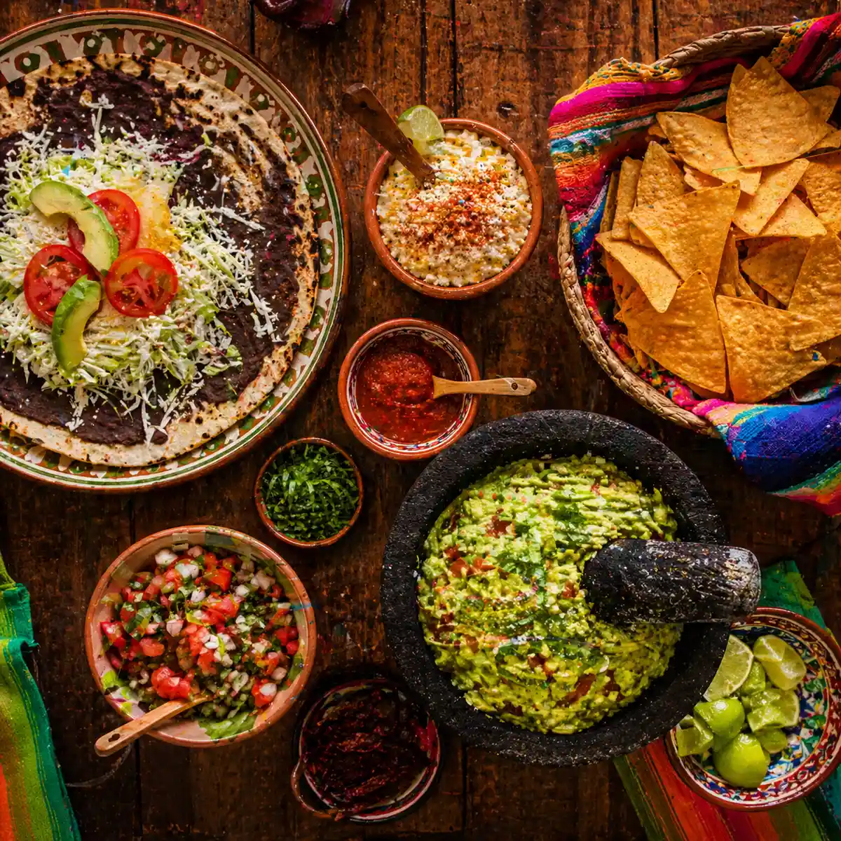 Antojitos y entradas mexicanas de La Milpa: tlayuda, guacamole en molcajete, esquites