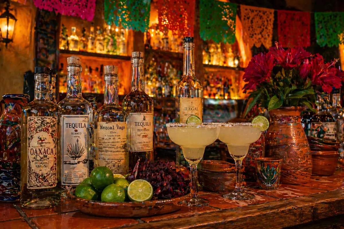 Bar del restaurante La Milpa, selección de mezcales artesanales y margaritas, Condesa CDMX