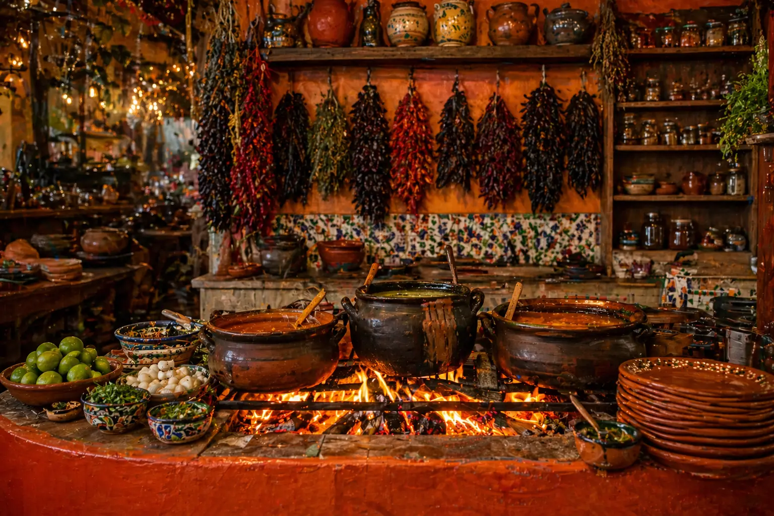Cocina abierta tradicional mexicana del restaurante La Milpa, ollas de barro y chiles secos