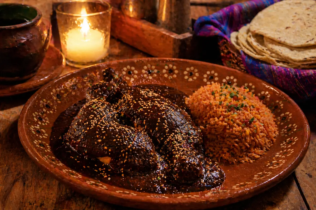 Mole negro oaxaqueño servido en barro en el restaurante La Milpa, Ciudad de México