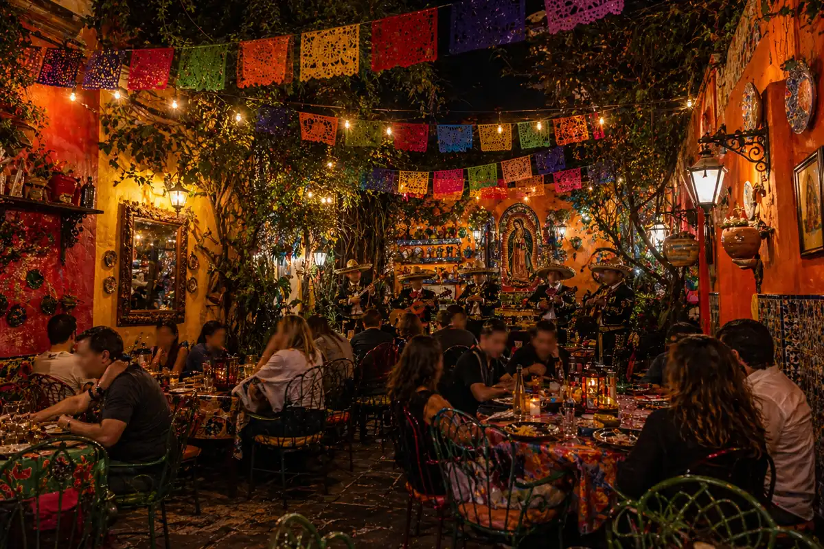 Patio animado del restaurante La Milpa por la noche, Colonia Condesa Ciudad de México